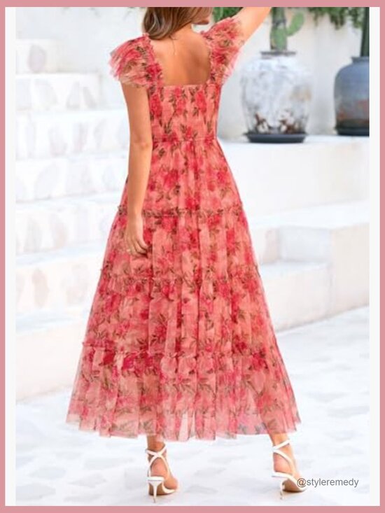 Tulle Midi Dress Sleeveless Smocked Ruffle Flowy Mesh Sundress - Picture 2 of 7